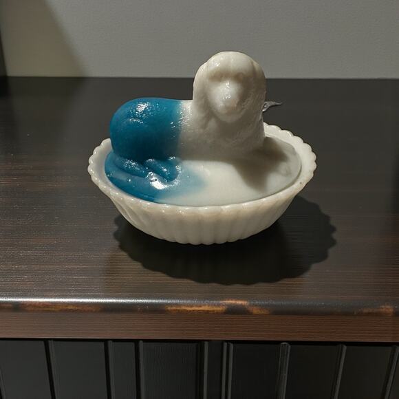 atterbury milk glass products for sale | eBay Vintage Blue White Milk Glass Dog Figural Covered Dish Atterbury Style Oval